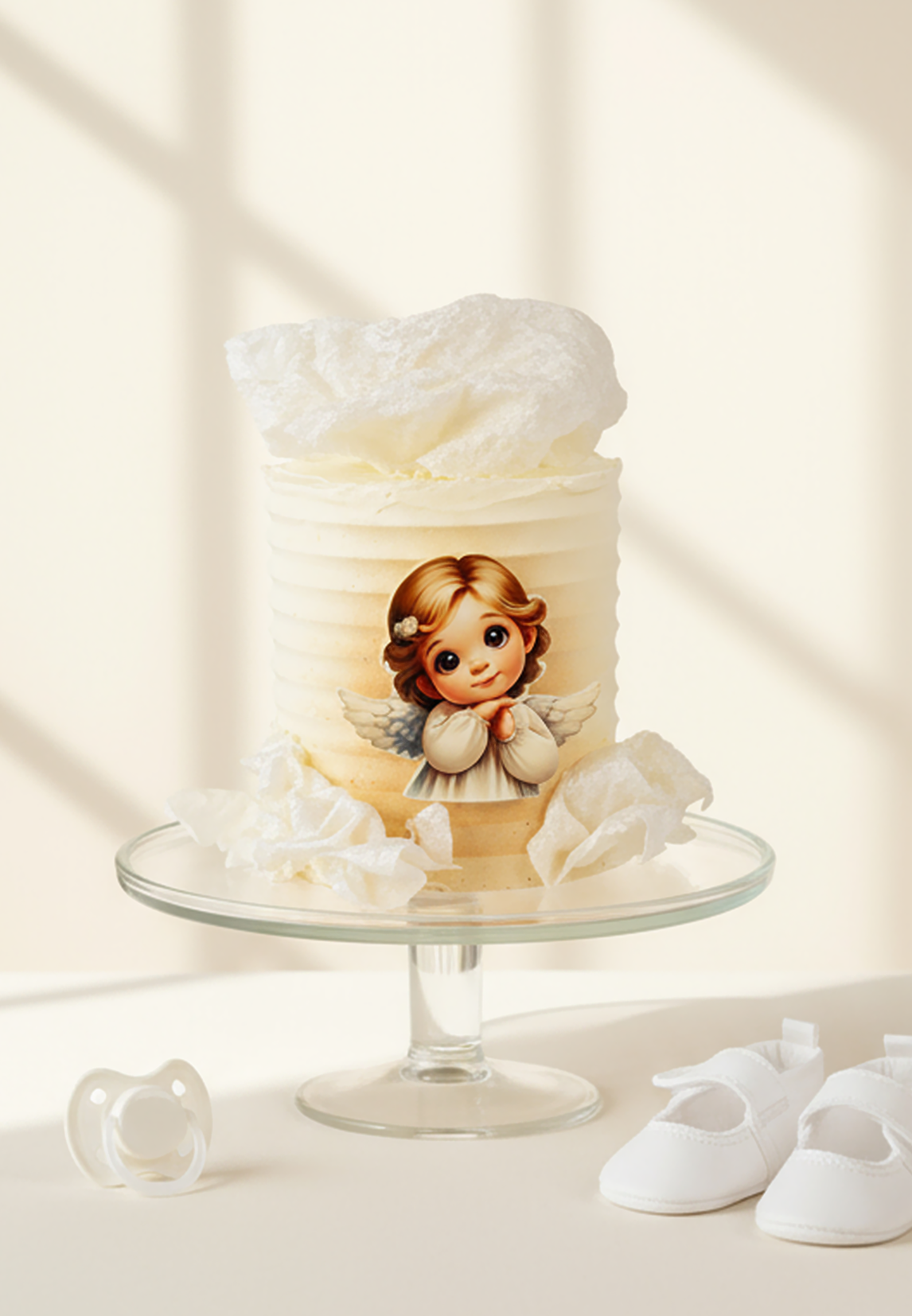 Tort na chrzest z aniołkiem ~ - 110 porcji – tort trzypiętrowy - Pistacjowy z malinami